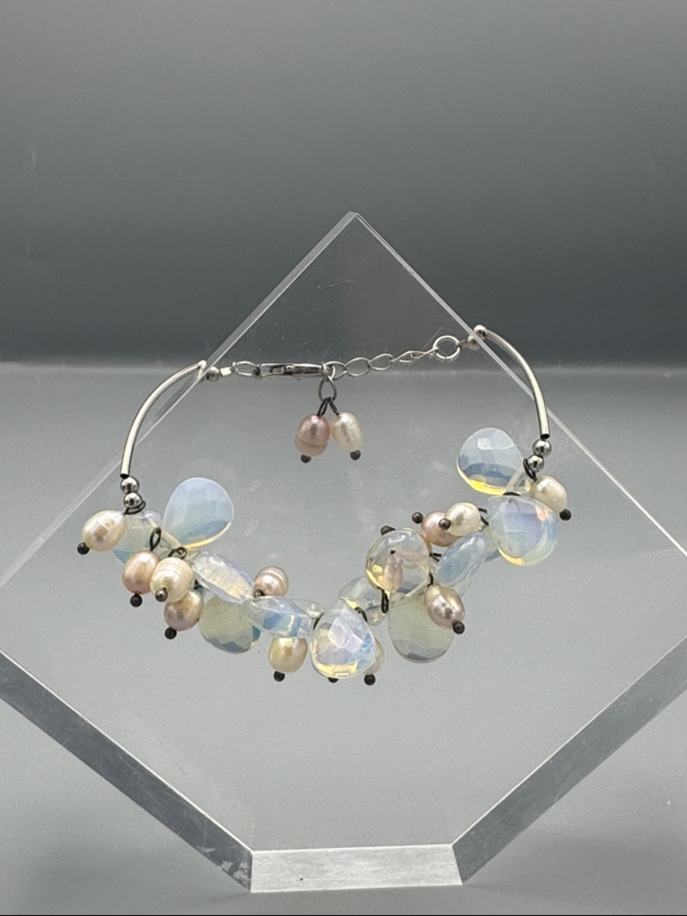Opalescent Teardrop & Pearl Cluster Bracelet - Silver